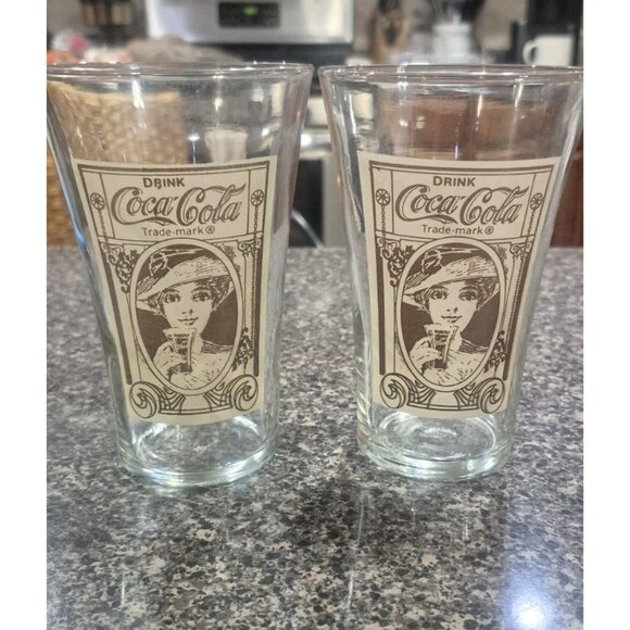 Set Of (2) Vintage COCA-COLA  Collectible Flate Drink Glass  16oz. - Picture 1 of 4